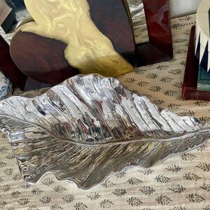 Large Silver Leaf Bowl Tray 17” Modern Decor Signed Aluminum Dish